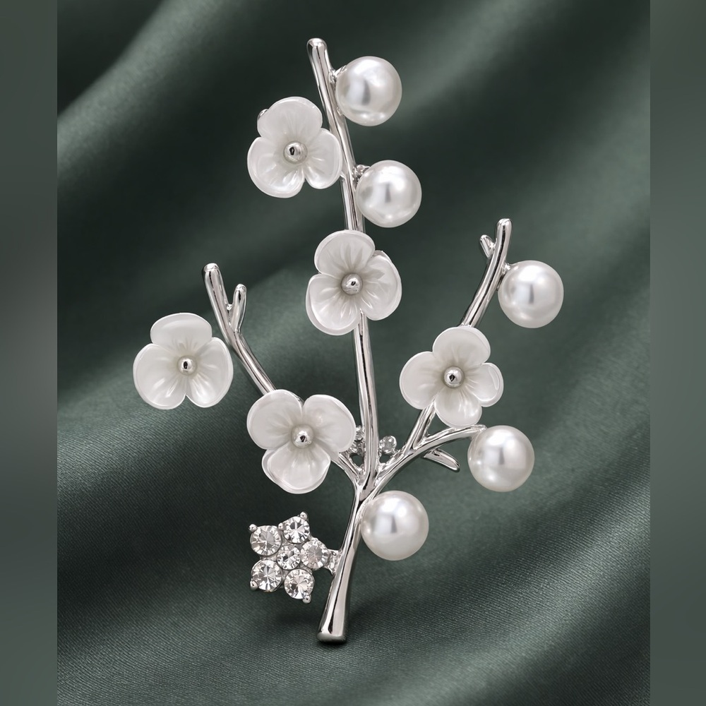 Cherry Silver Blossom Pearl Branch Brooch